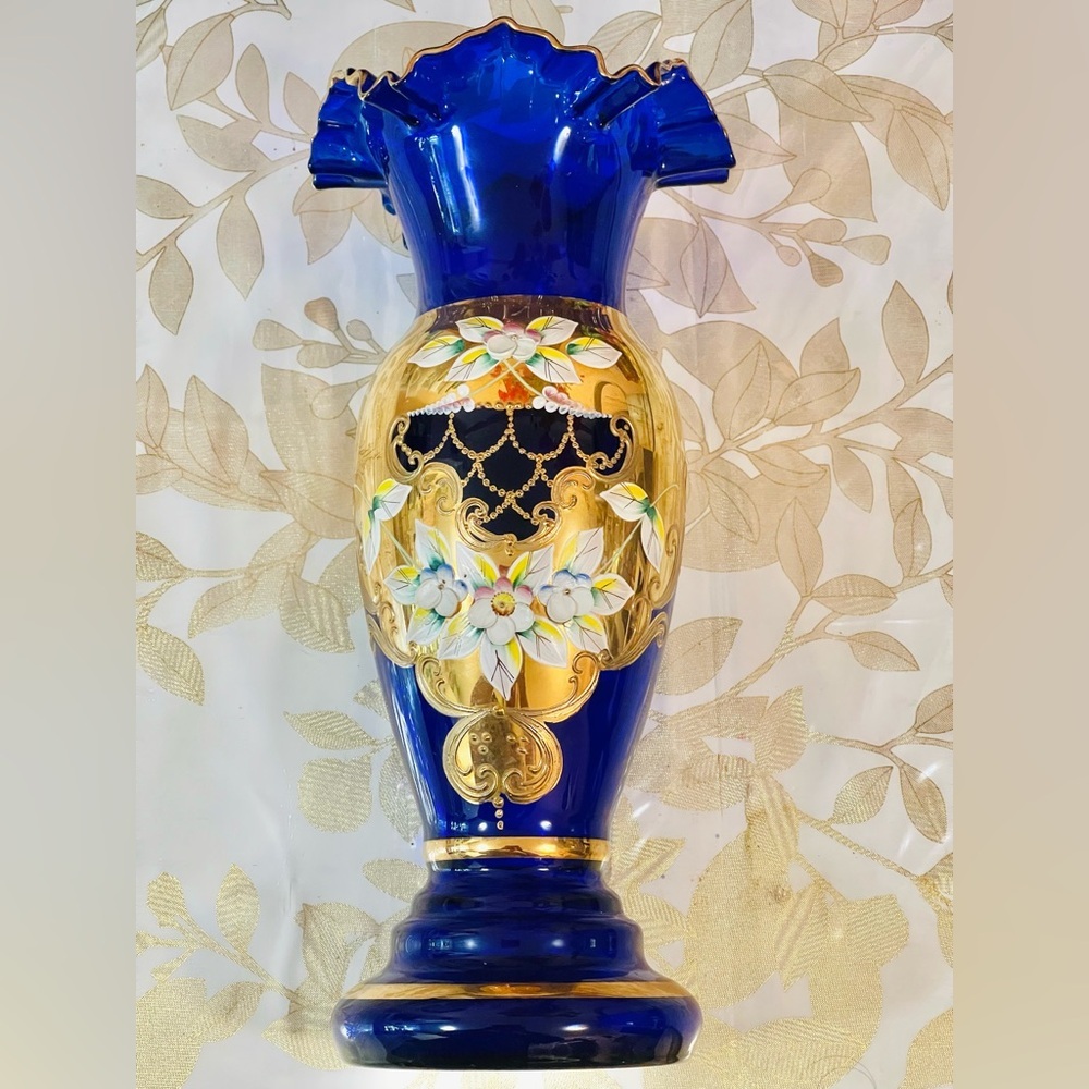 VTG Bohemian Czech Cobalt Blue Crystal RUFFLE Vase 24k Gold Enamel flowers